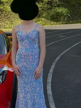 Portia and Scarlett Light Blue Iridescent Sequin Prom Gown